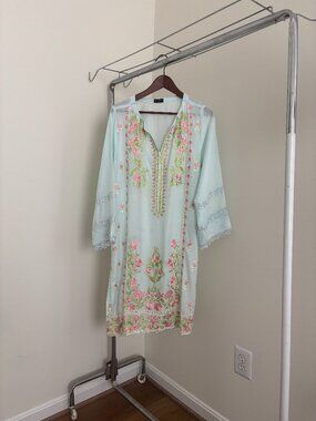 Agha Noor sky blue embroidered linen shirt